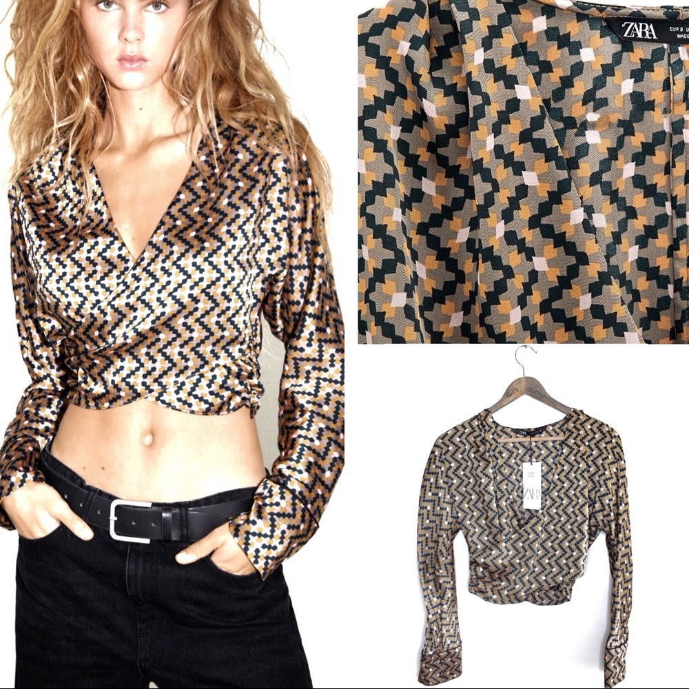Zara NWT Geometric Satin Print Cropped Top Small
